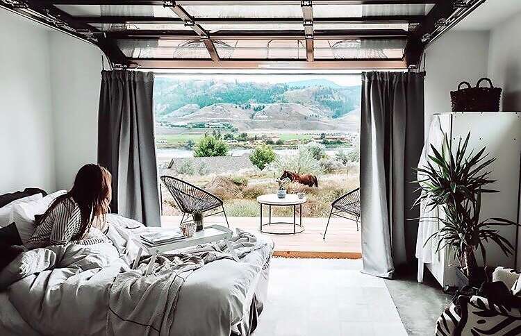 At Superhost Catherine’s cozy studio, your front door is a wall that opens up onto the Shuswap Highland and the South Thompson Ri